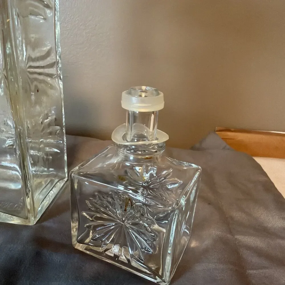 Vintage Square Clear Glass Whiskey Decanter Embossed Flowers(cork Is Gone)